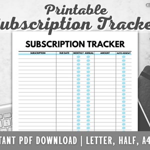 Subscription Log - Subscription Tracker Printable - Expense Tracker - Planner Inserts - PDF - A4 - A5 - Letter - Half Letter