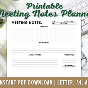 Meeting Agenda - Meeting Notes Printable - Work Planner - Meeting Record - Work Notes Template - Office Notes