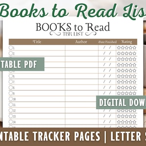 Printable Reading List, Books to Read, Books to Be Read Checklist, Book Journal, Book Log, Book List, Book Tracker, Bookworm, Book Lover