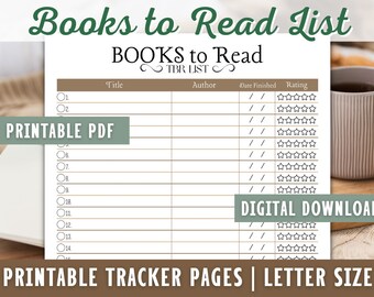 Printable Reading List, Books to Read, Books to Be Read Checklist, Book Journal, Book Log, Book List, Book Tracker, Bookworm, Book Lover