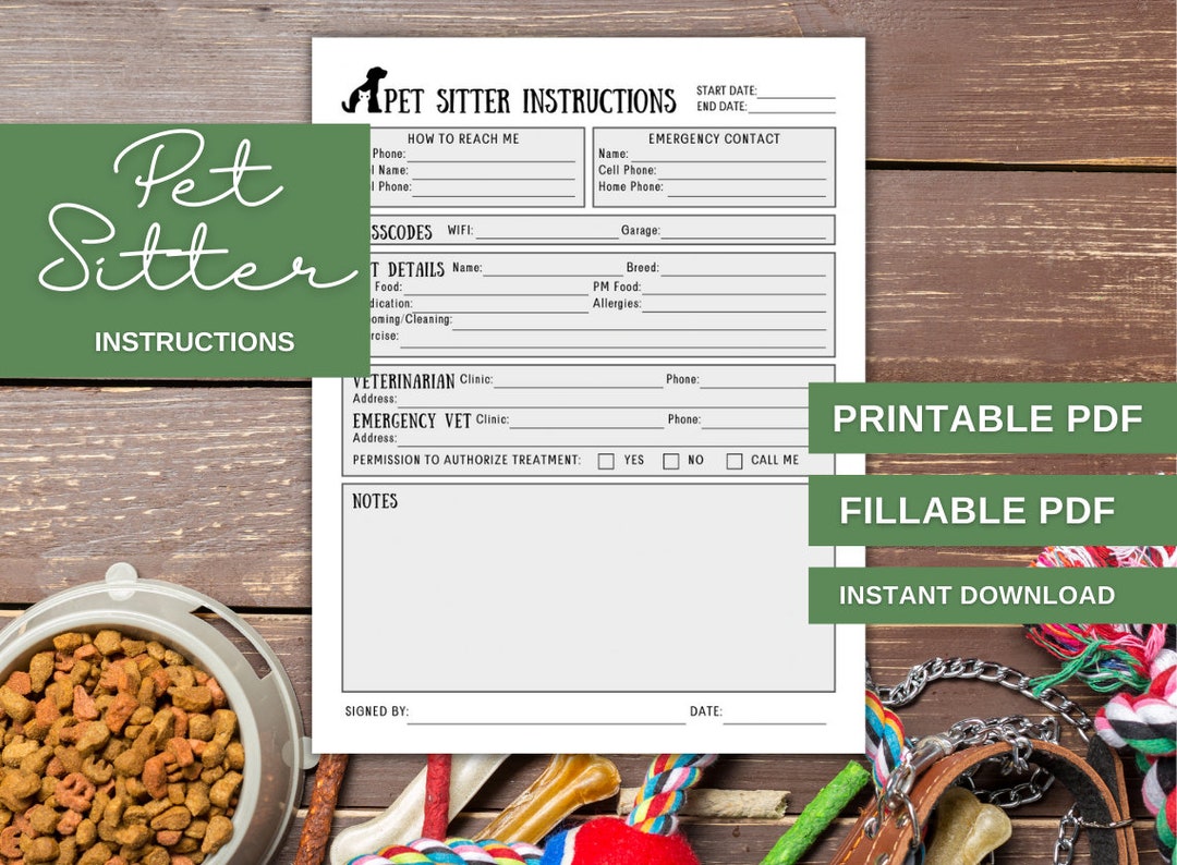 Pet Sitter Checklist, Pet Sitter Instructions, Pet Sitter Notes, Dog