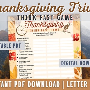 Thanksgiving Think Fast Game, Thanksgiving Trivia Game, Thanksgiving Printable Games,  Family Game, Thanksgiving Speed Game