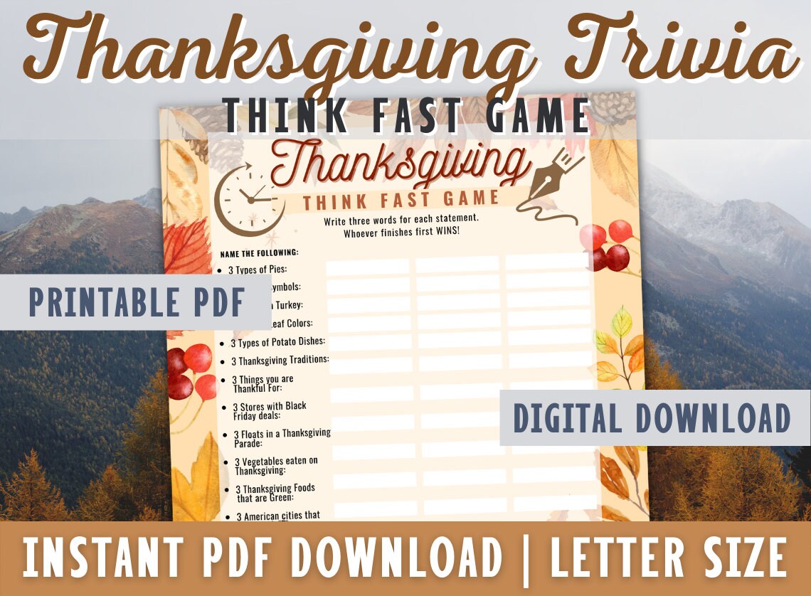 Thanksgiving Trivia Game, Think Fast Game, Thanksgiving Printable Games,  Fun Friendsgiving Game, Zoom Game, Family Game, Instant Download