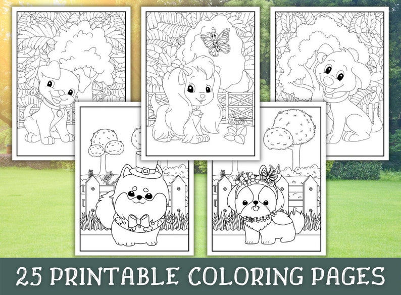 May include: A set of five black and white coloring pages featuring cute dogs in various poses. Each page includes a dog with a unique personality and a simple background.