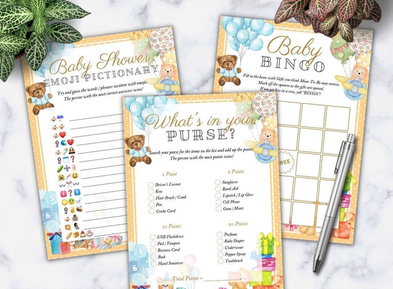 Teddy Bear Baby Shower Games Printable Pack, Blue Brown Baby Shower