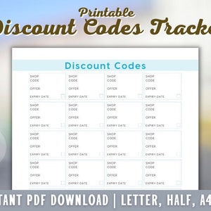 Discount Codes Tracker Printable - Coupon Code Tracker - Shop Discount - Savings Printable - PDF - A4 - A5 - Letter - Half Letter