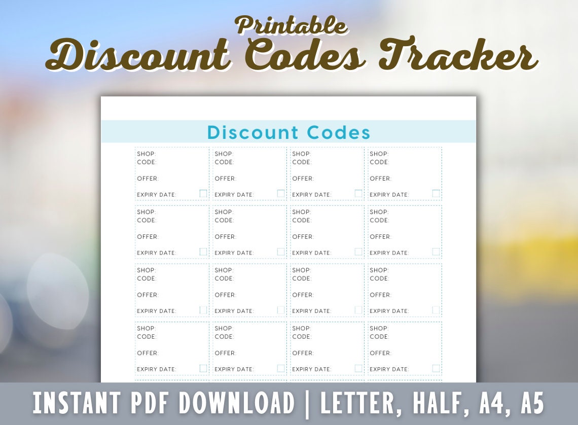 Discount Codes Tracker Printable Coupon Code Tracker Shop Discount Savings  Printable PDF A4 A5 Letter Half Letter 