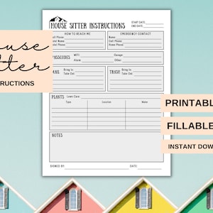 House Sitter Instructions, House Sitting Checklist, House Sitter Info, House Sitting Template, House Sitter Notes, House Sitter Planner