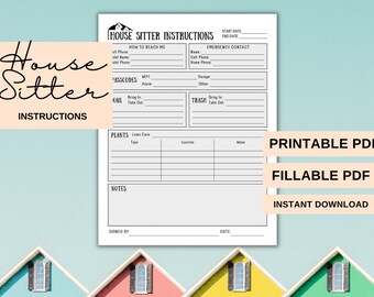 House Sitter Instructions, House Sitting Checklist, House Sitter Info, House Sitting Template, House Sitter Notes, House Sitter Planner