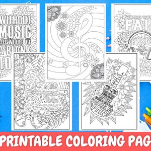 May include: Five printable coloring pages featuring music-themed designs. The pages include a treble clef, a guitar, and inspirational quotes about music.  The quotes include "Without music life would be a blank to", "Music is the strongest form of magic", and "Where words fail music speaks".