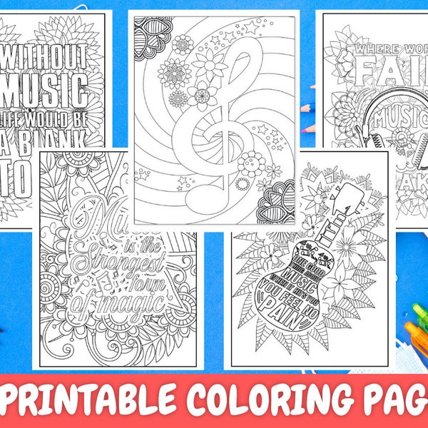 Music Coloring Pages for Adults, Young Adults, Teen, 5 Printable Musical Inspirational Coloring Pages