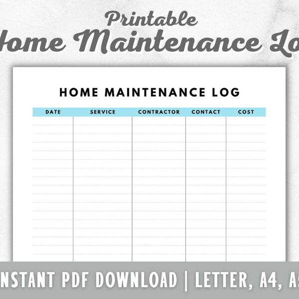 Home Maintenance Tracker Printable - House Repairs Log - Home Repairs Costs Tracker - House Checks Log - PDF - A4 - A5 - LETTER