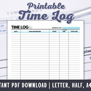 Time Log Printable - Task Tracker - Timesheet Printable - Project Time Log - Task Time Log - Time Tracker - PDF - A4 - A5 - LETTER