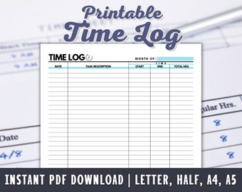 Time Log Printable - Task Tracker - Timesheet Printable - Project Time Log - Task Time Log - Time Tracker - PDF - A4 - A5 - LETTER