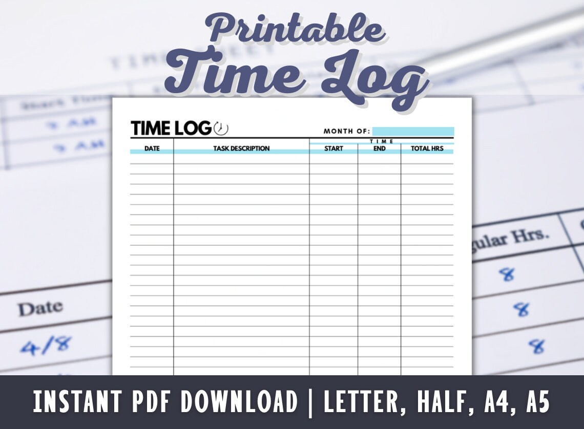 Time Log Printable - Task Tracker - Timesheet Printable - Project Time ...