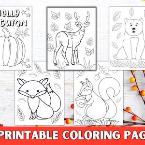 May include: A set of 15 printable coloring pages featuring autumn-themed illustrations. The pages include a pumpkin, a deer, a bear, a fox, and a squirrel. The text "Hello Autumn" is featured on one of the pages.