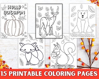 Fall Coloring Pages, Autumn Coloring Book for Kids, Thanksgiving, PDF, Fall Leaf, Turkey, Pumpkin, Fox, Oak, Owl, Squirrels, Deer, Bear