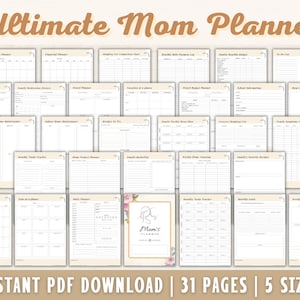 May include: A printable planner for moms with 31 pages and 5 different sizes. The planner includes sections for meal planning, budgeting, family activities, and more. The cover features a floral design with the text "Mom's Planner".