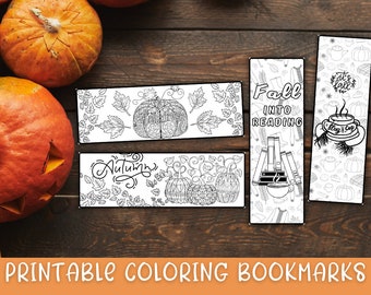 Printable Coloring Fall Bookmarks, Set of 4,Pumpkin Bookmark, Fall Into Reading, Autumn, Coloring , Bookworm, I Love Reading Bookmarks