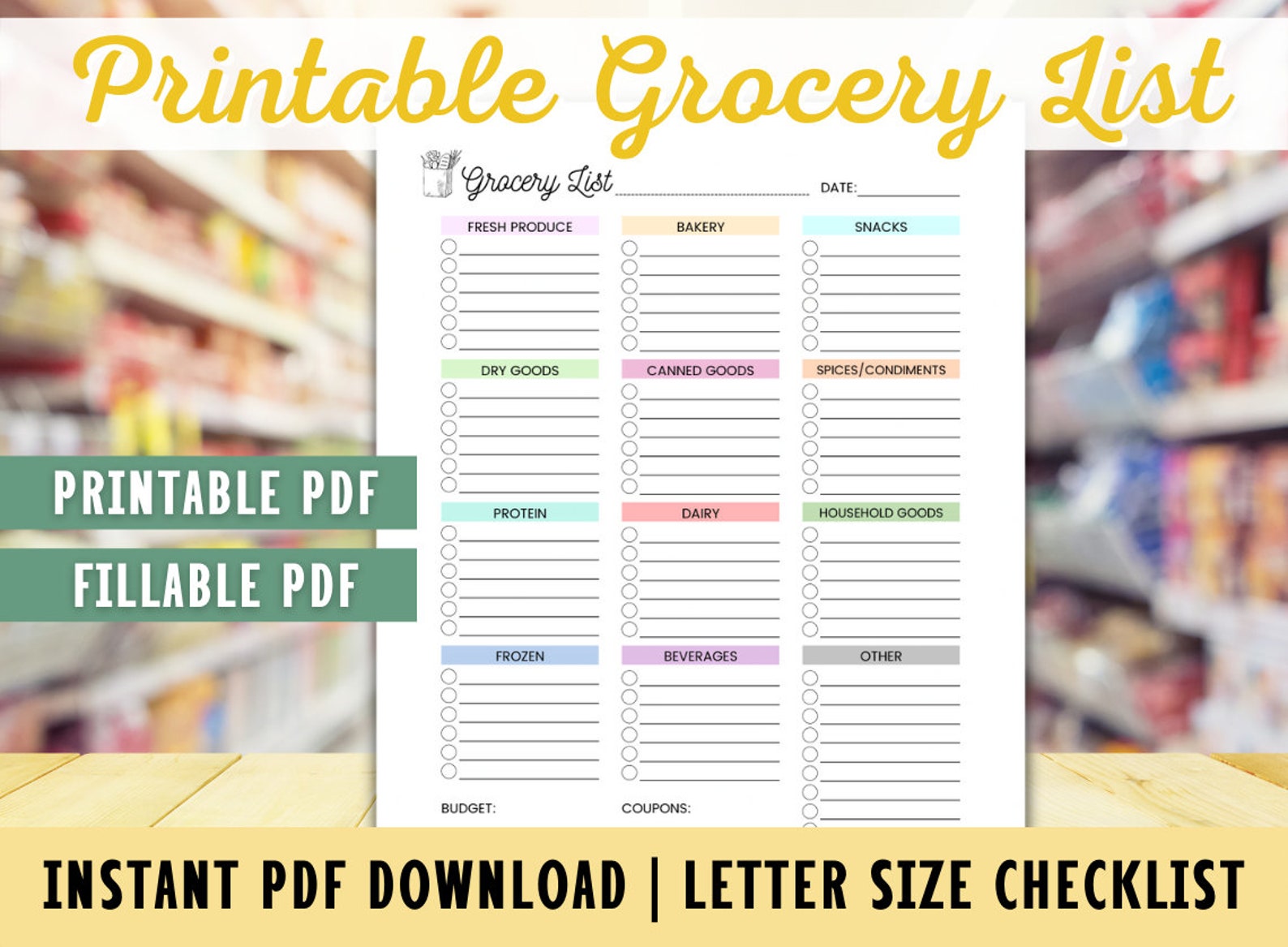 Grocery Checklist, Printable Grocery List, Grocery List Template ...