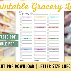 Grocery Checklist, Printable Grocery List, Grocery List Template, Grocery Shopping List, Grocery Shopping Checklist, Printable Shopping List