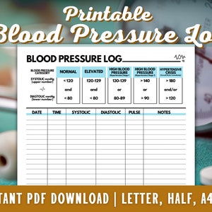 May include: Printable blood pressure log with sections for date, time, systolic, diastolic, pulse, and notes. Includes a blood pressure category chart with normal, elevated, and high blood pressure ranges. Text reads "Instant PDF Download".