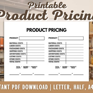 Product Pricing Printable - Item Pricing - Product Price Calculator - Business Costs - Small Business -PDF - A4 - A5 - Letter - Half Letter