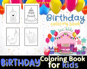 Birthday Coloring Book Pages for Kids - 30 Drawings - Printable Digital Download PDF