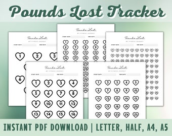 Pounds Lost Trackers - Weight Loss Tracker - Weight Counter Heart Printable - 10 20 30 50 100 lbs - A4 - A5 - Half - Letter - PDF