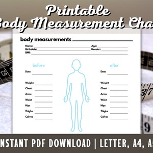 Könnte beinhalten: Druckbarer Körpermaß-Chart mit einer blauen Umrandung einer Person. Die Tabelle enthält Abschnitte für "vorher" und "nachher" Messungen, einschließlich Gewicht, Brust, Arme, Taille, Hüfte, Oberschenkel und Waden. Die Tabelle enthält auch Abschnitte für Name, Geburtsdatum, Alter, Geschlecht und BMI.