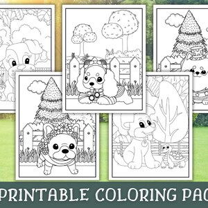 May include: Five black and white coloring pages featuring cute dogs in various settings. Each page includes a dog with a different expression and accessories. The dogs are surrounded by trees, fences, and other details.