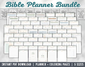 May include: A printable Bible planner bundle with coloring pages. The bundle includes a variety of planner pages, including weekly, monthly, and yearly planners. The pages are decorated with floral designs and the text "Bible Planner".