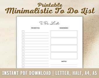 Minimalistic To Do List Printable- Daily To Do List - Task Checklist - Planner Insert - PDF - A4 - A5 - Half Letter - Letter