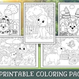 May include: A set of five black and white coloring pages featuring dogs in various settings. The dogs are wearing hats, scarves, and other accessories. The pages are perfect for kids who love to color.