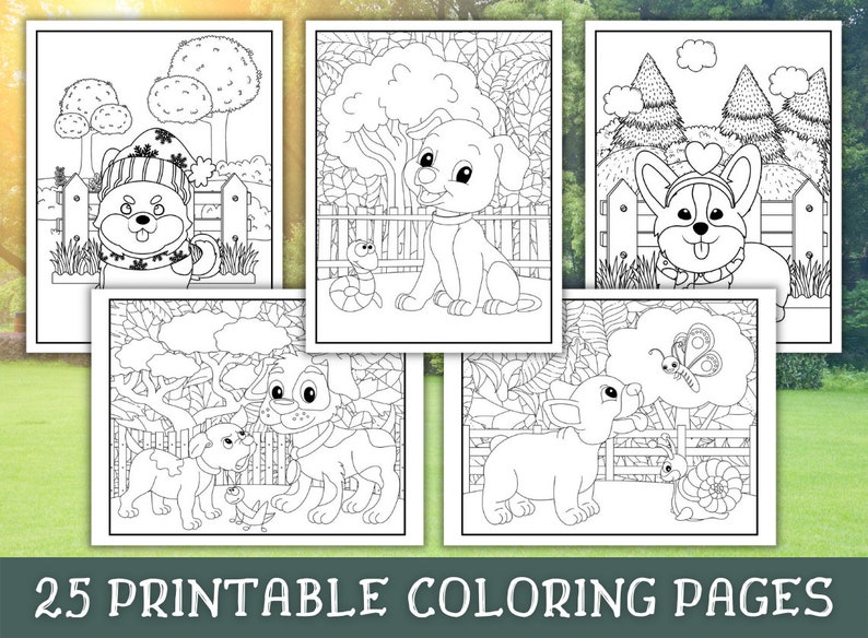 May include: A set of five black and white coloring pages featuring dogs in various settings. The dogs are wearing hats, scarves, and other accessories. The pages are perfect for kids who love to color.