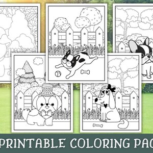 May include: A set of 25 printable coloring pages featuring black and white illustrations of dogs in various poses. The dogs are wearing hats, bowties, and other accessories. The illustrations are simple and easy to color.
