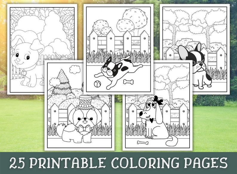 May include: A set of 25 printable coloring pages featuring black and white illustrations of dogs in various poses. The dogs are wearing hats, bowties, and other accessories. The illustrations are simple and easy to color.