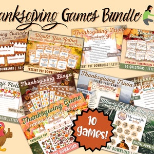 Può includere: Un pacchetto di giochi del Ringraziamento con 10 giochi stampabili, tra cui charades, preferiresti, quiz, spunti di conversazione, immagini emoji, bingo e un gioco "Chi è più simile al tacchino?" Tutti i giochi sono download digitali e presentano grafica a tema autunnale.