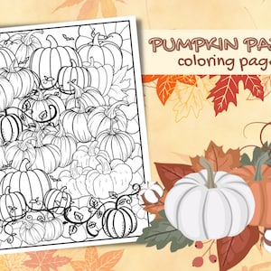 May include: A black and white coloring page featuring a pumpkin patch with many pumpkins of different sizes. The title "Pumpkin Patch coloring page" is at the top of the page.