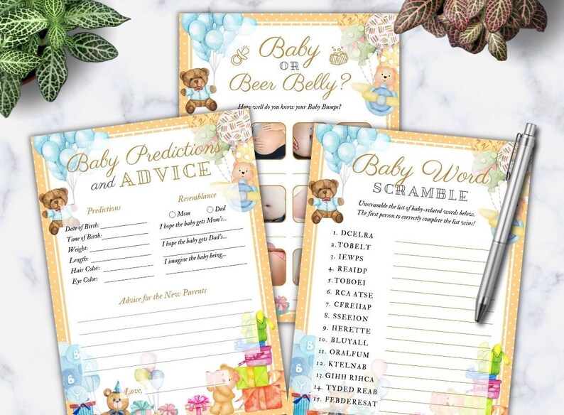 Teddy Bear Baby Shower Games Printable Pack, Blue Brown Baby Shower