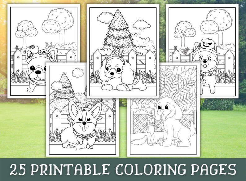 May include: A set of 5 printable coloring pages featuring cute dogs in various Halloween costumes. The dogs are dressed as a pumpkin, a witch, a ghost, a vampire, and a zombie. The pages are perfect for kids of all ages to color and enjoy.