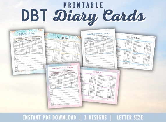 DBT Diary Cards Printable for Adults, tracker, reference, dialectical behavior therapy, dbt sheet, PTSD, BPD, anxiety, depression