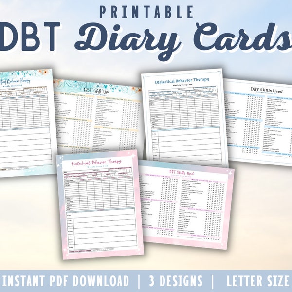 DBT Diary Cards Printable for Adults, tracker, reference, dialectical behavior therapy, dbt sheet, PTSD, BPD, anxiety, depression