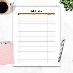 May include: A printable task list with a tick, the words "TASK LIST", "TASK", and "COMPLETE BY" in black text, and a light brown line separating the headers. The list has 30 lines for writing tasks.