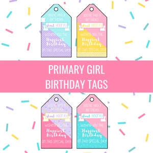May include: Four printable gift tags with a colorful design and the text "You've had a birthday, shout hooray! Wishing you the happiest birthday on this special day!"