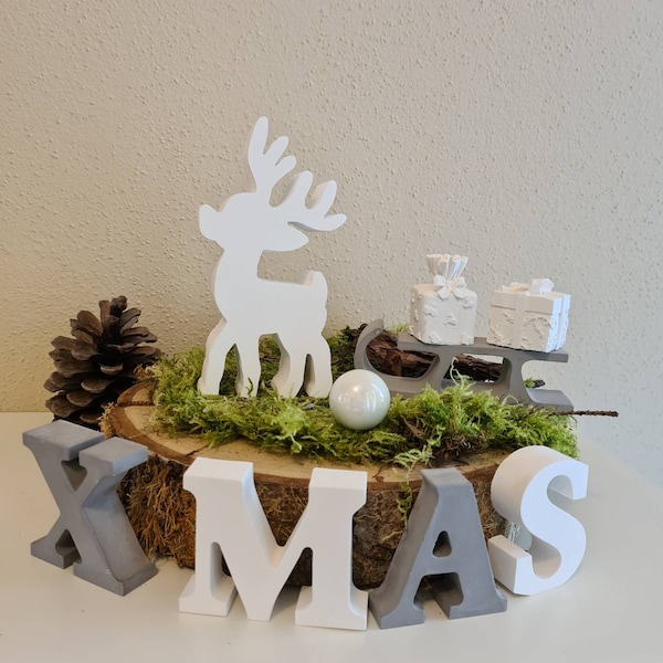 Rentier mit Schlitten und XMAS-Buchstaben Weihnachten Deko Advent handmade