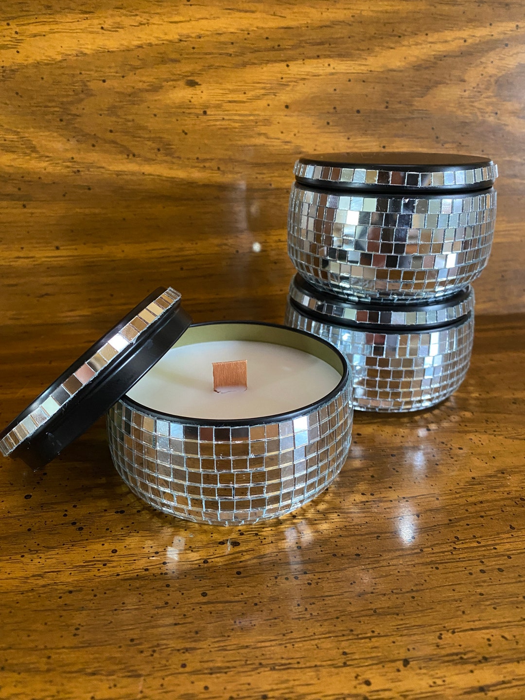 Disco Ball Candle Wood Crackle Wick Handpoured Unscented Etsy