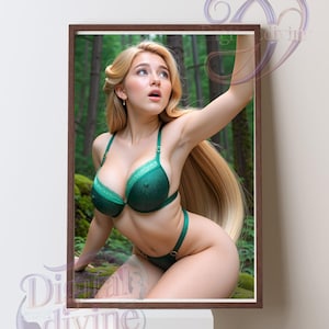 May include: A framed print featuring a woman in a green lingerie set, set against a backdrop of a forest. The woman has long blonde hair and is posed in a suggestive manner. The frame is a dark brown color.