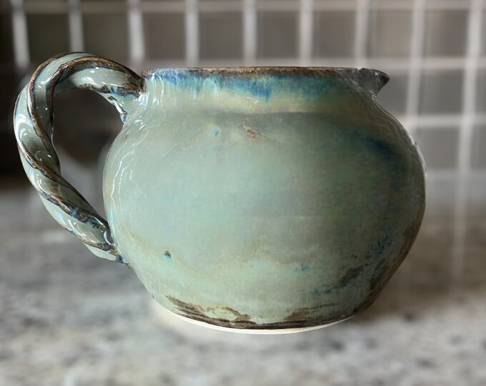 Handmade Twist Handle Pitcher: Olive Gray Blue Glaze Pottery (20 oz)