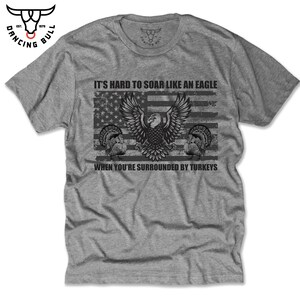 May include: A gray t-shirt with a distressed American flag design and the text "It's hard to soar like an eagle when you're surrounded by turkeys".